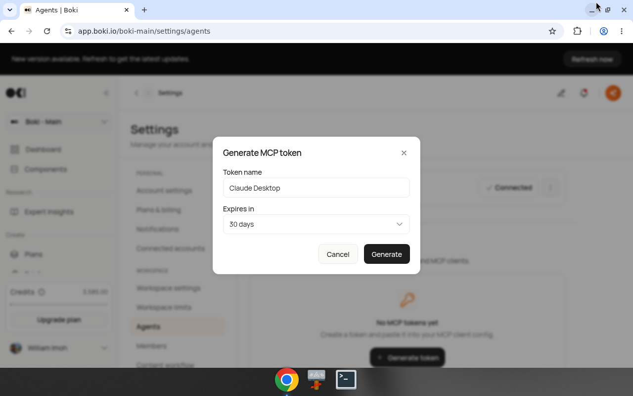 Generate token dialog